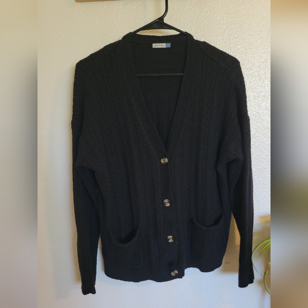 Classic Black Cable Knit Sweater, Size Medium, Yarn And Sea